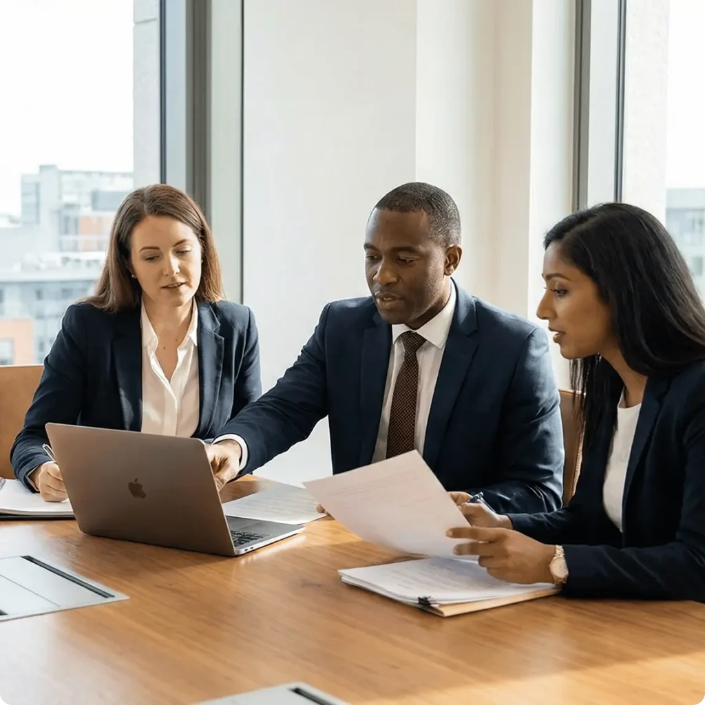 Three business professionals seated at a table