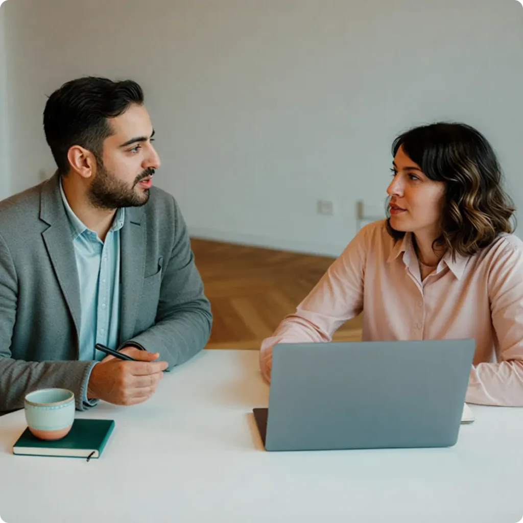 A man and woman sit at a table